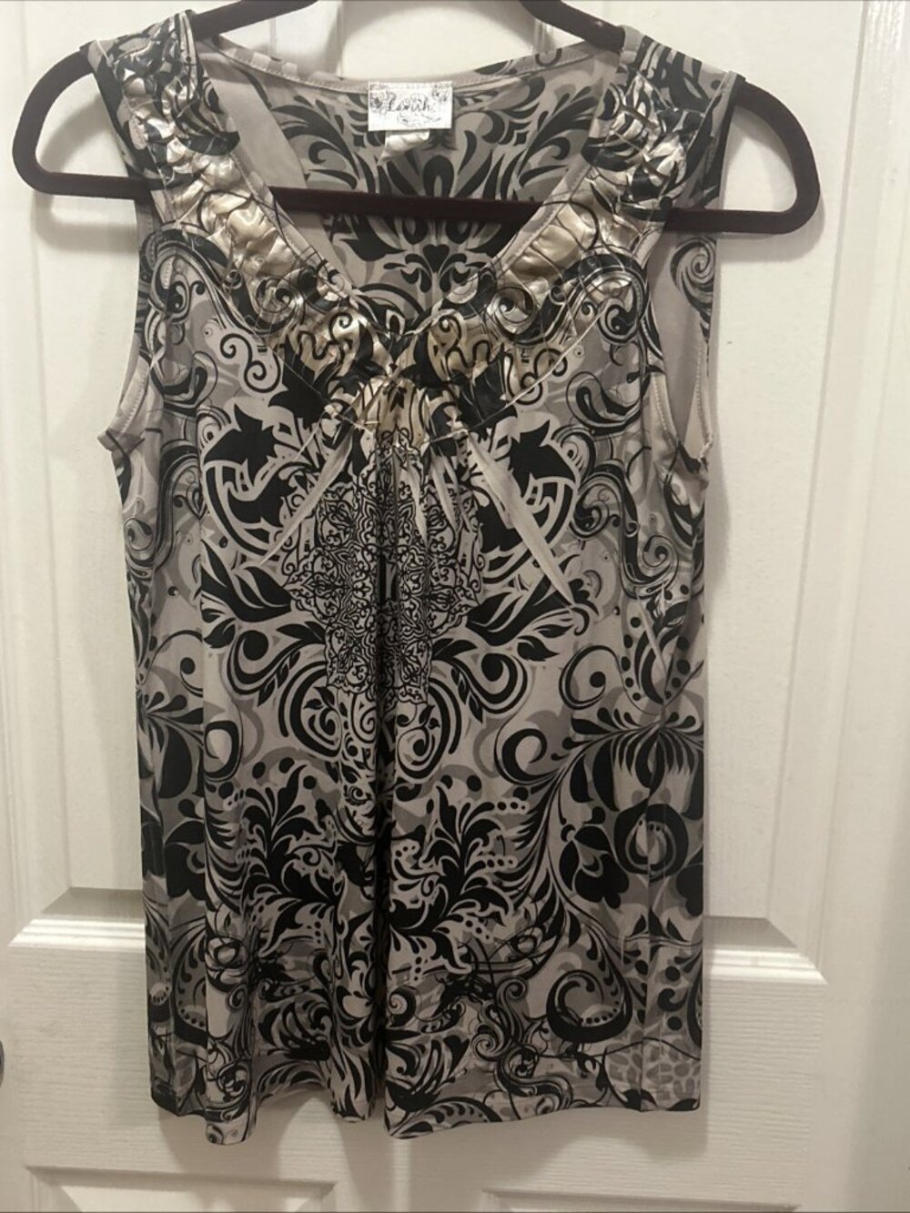 Lavish Womens Blouse Shirt M Cream Black Swirls Print Sleeveless